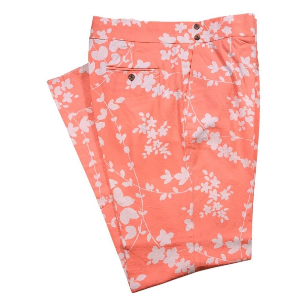 Mens Gurkha Pants 38 Coral White Floral Chino Trousers Straight Fit Flat Front